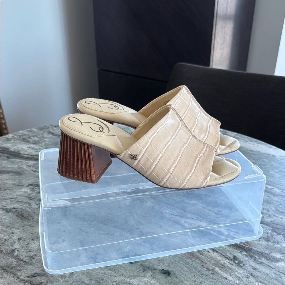 Sam Edelman Cream and Brown Mules with Block Heel